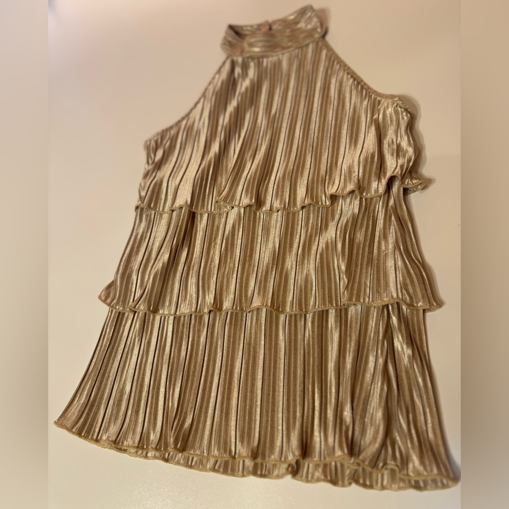 Gold Metallic Pleated Tiered Layer Ruffle Halter Top Size M EUC